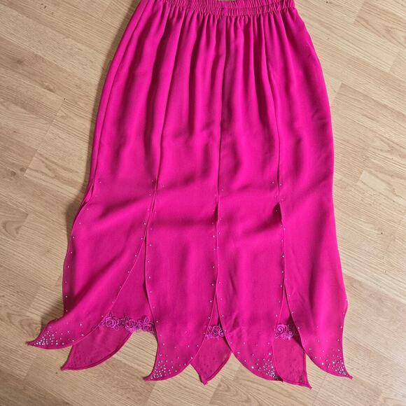90s Y2K Scassi Pink Petal Hem Midi Skirt L Rhinestone Embroidered Fairy Festival - Picture 7 of 10